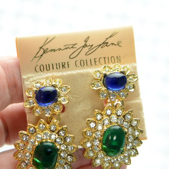 Vintage Kenneth Jay Lane KJL Gold-tone Gemstone & Crystal Drop Earrings - Picture 8 of 8